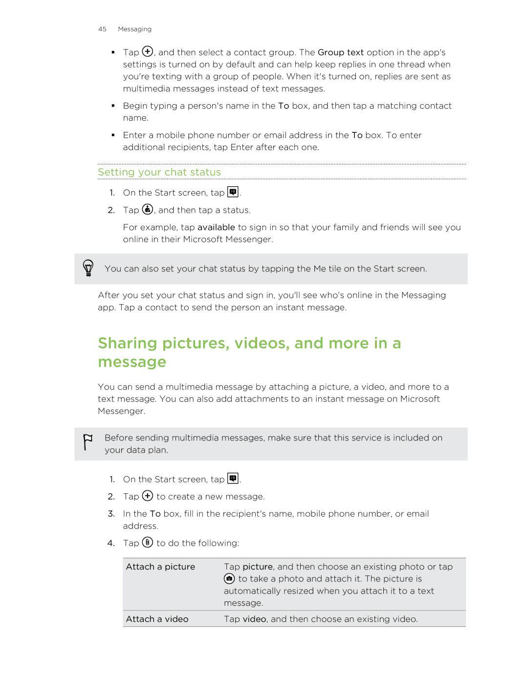 HTC 8X manual Sharing pictures, videos, and more in a message, Setting your chat status 