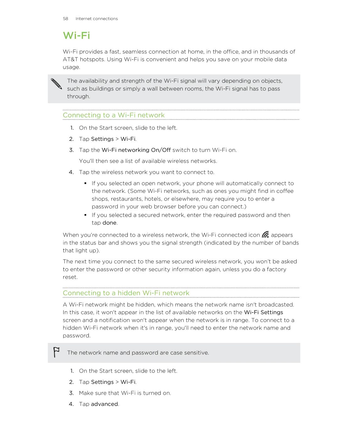 HTC 8X manual Connecting to a Wi-Fi network, Connecting to a hidden Wi-Fi network 