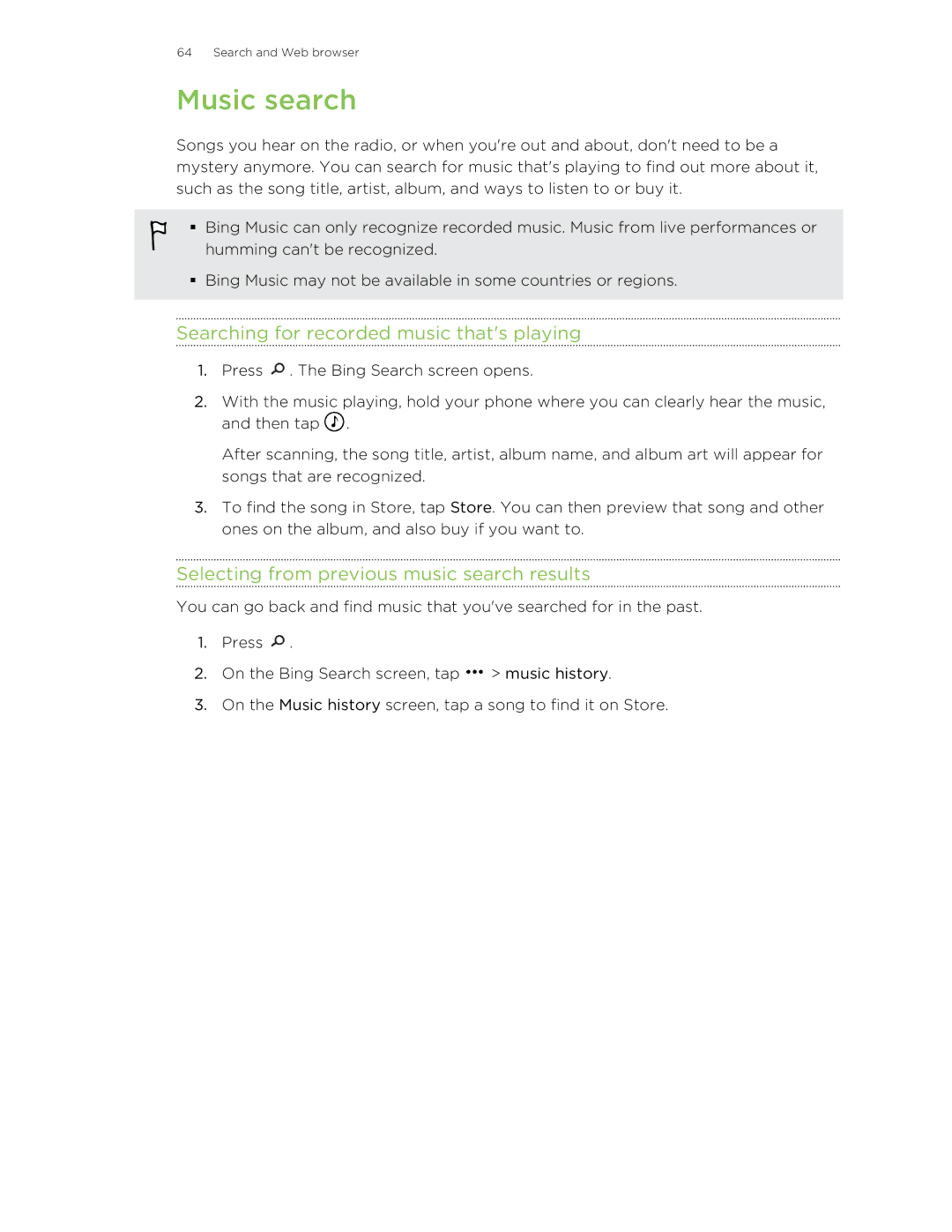 HTC 8X manual Music search, Searching for recorded music thats playing, Selecting from previous music search results 