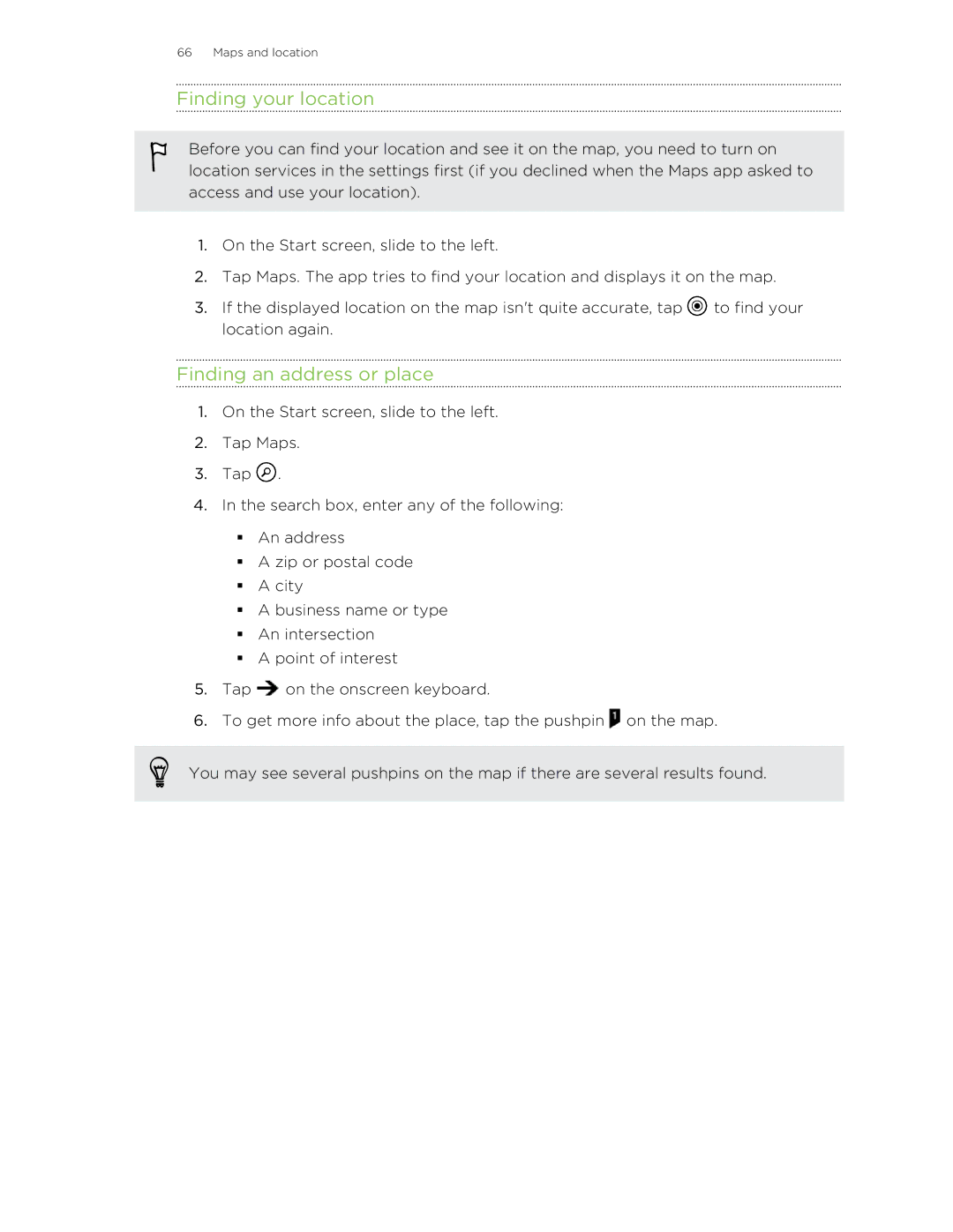 HTC 8X manual Finding your location, Finding an address or place 