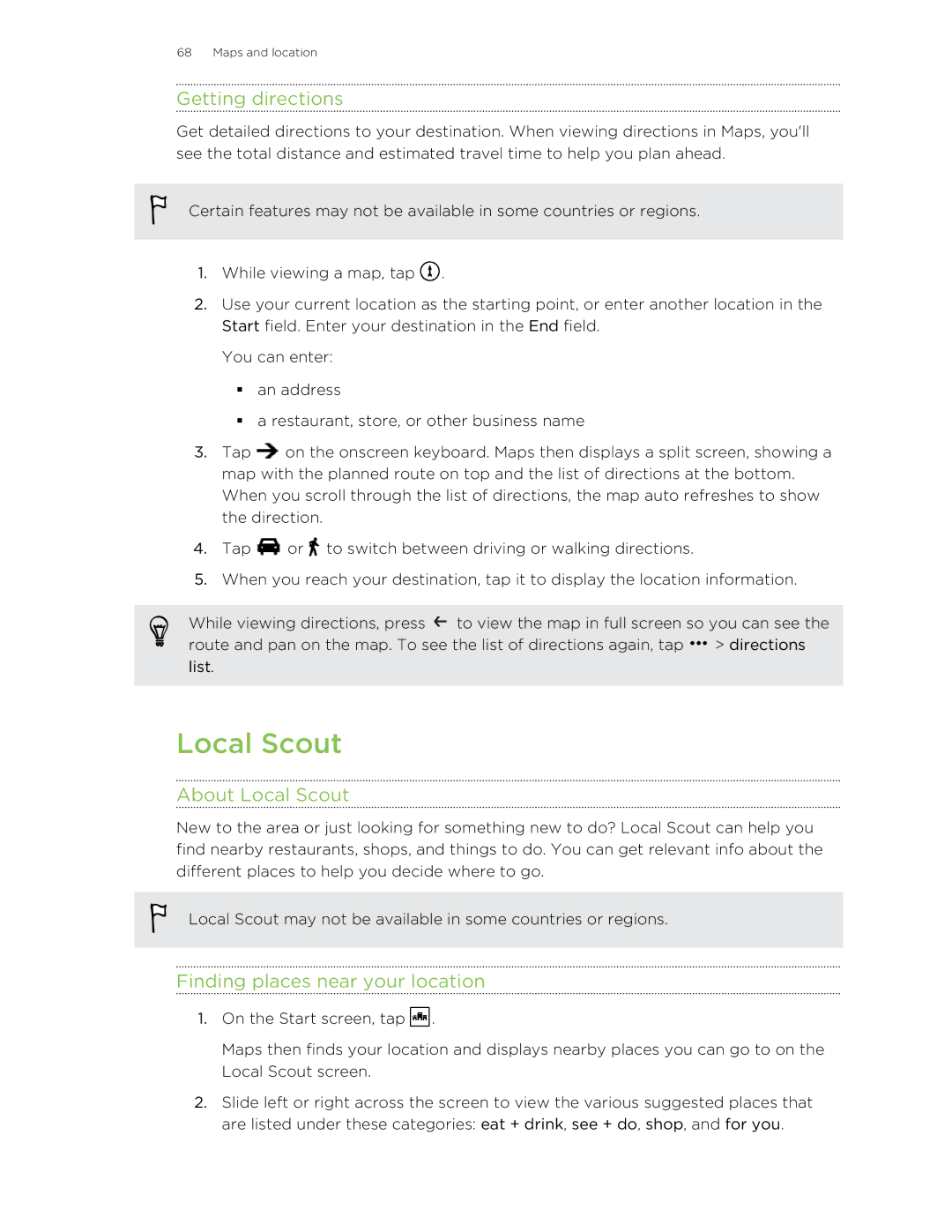 HTC 8X manual Getting directions, About Local Scout, Finding places near your location 