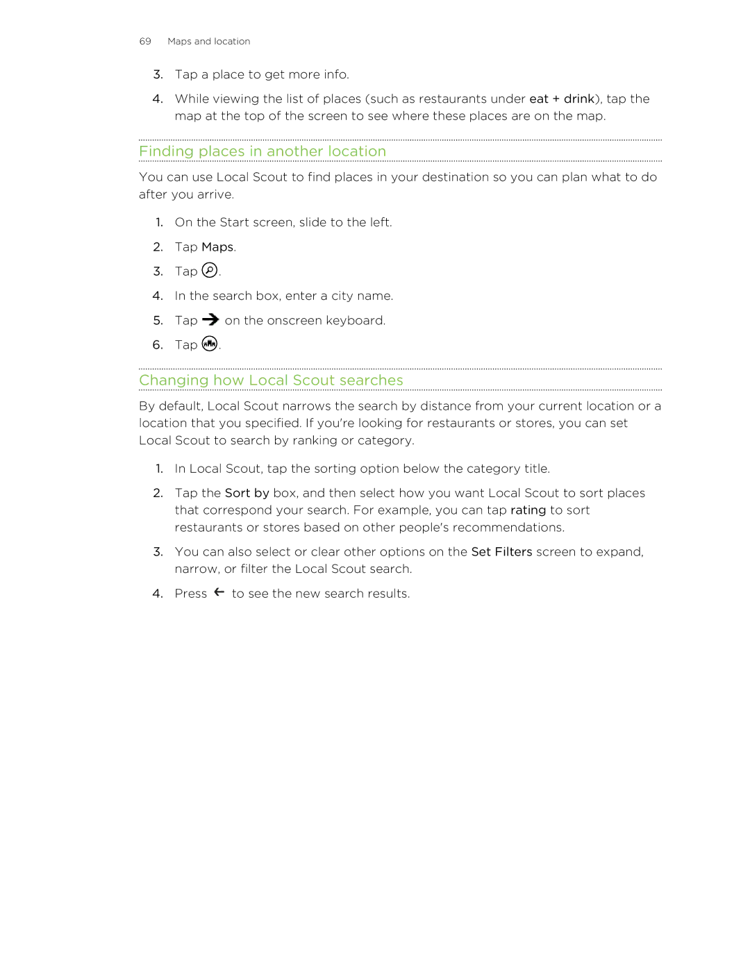 HTC 8X manual Finding places in another location, Changing how Local Scout searches 