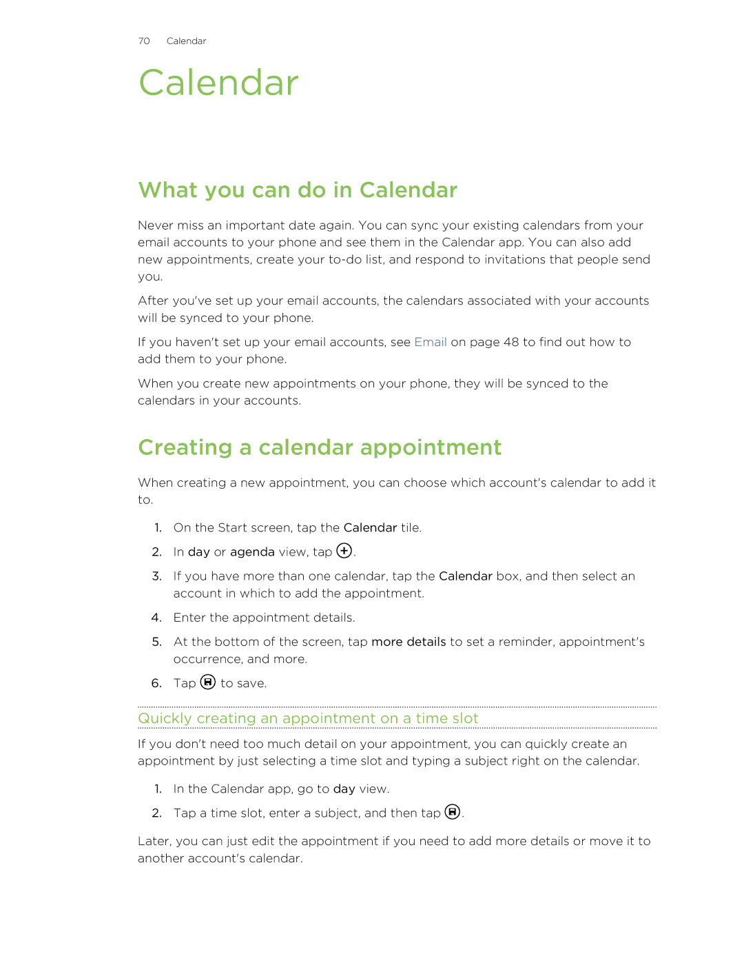 HTC 8X What you can do in Calendar, Creating a calendar appointment, Quickly creating an appointment on a time slot 