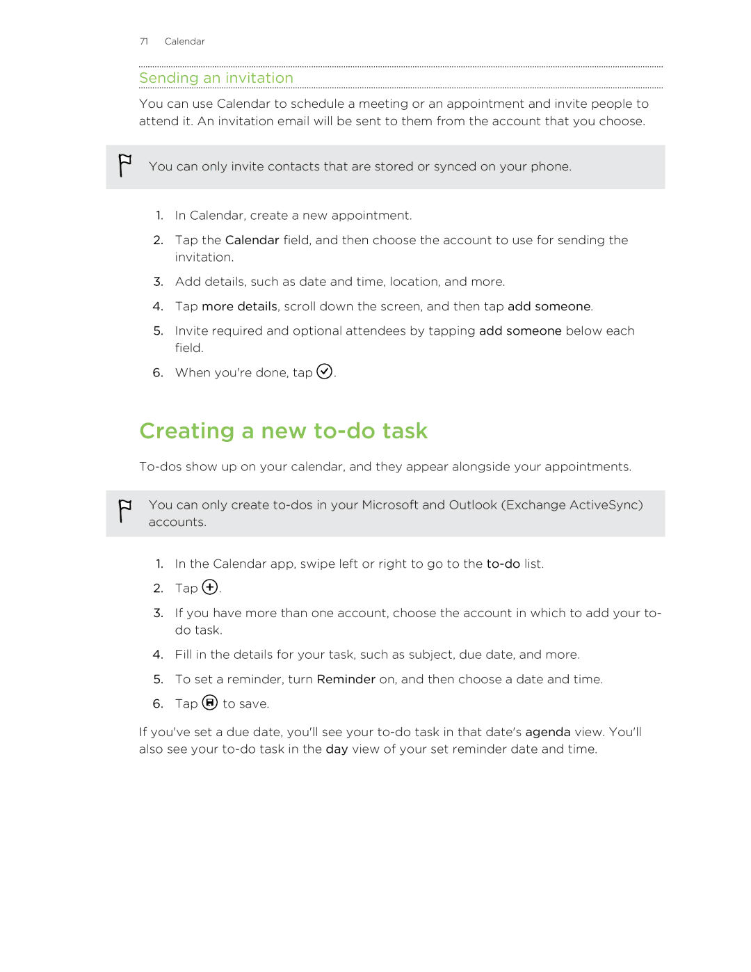 HTC 8X manual Creating a new to-do task, Sending an invitation 