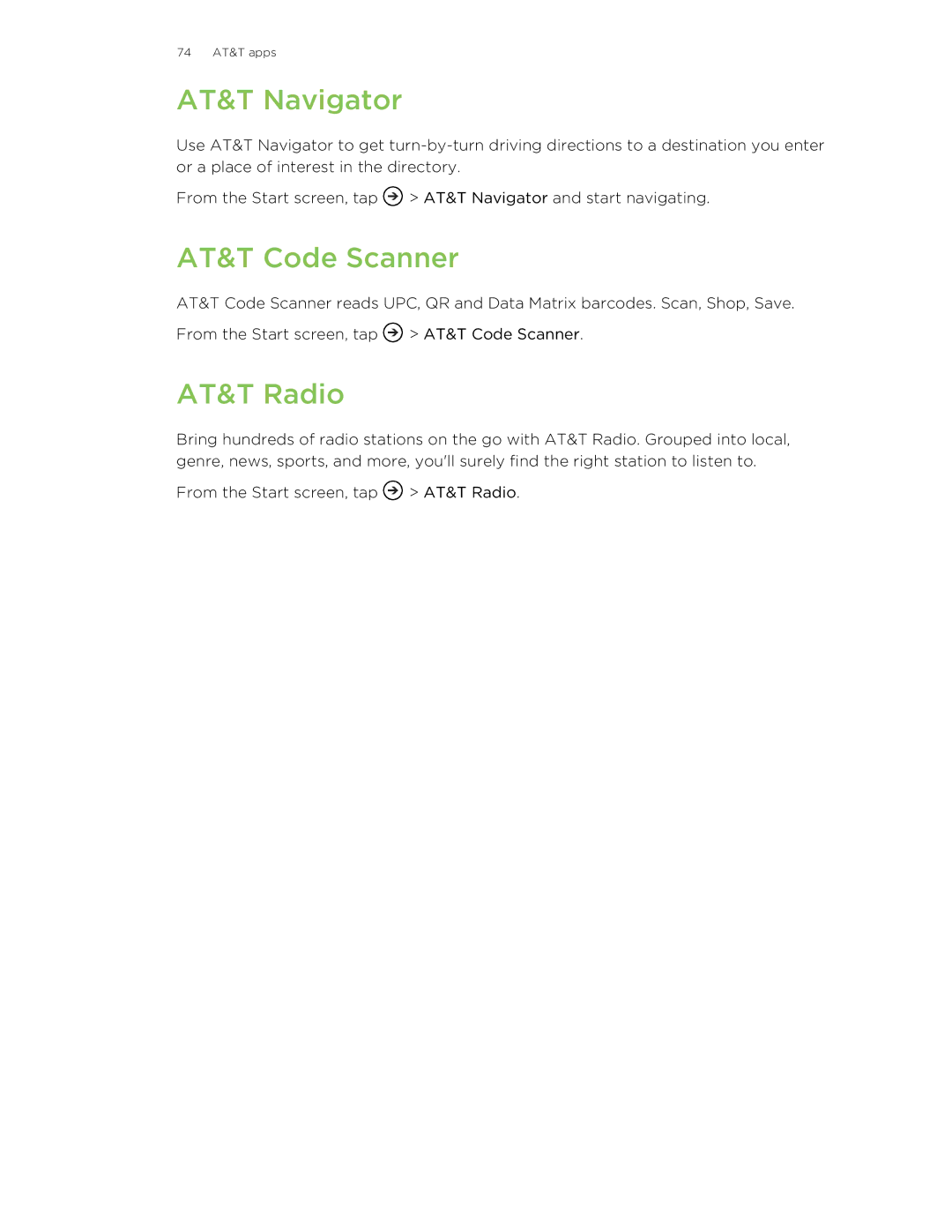 HTC 8X manual AT&T Navigator, AT&T Code Scanner, AT&T Radio 