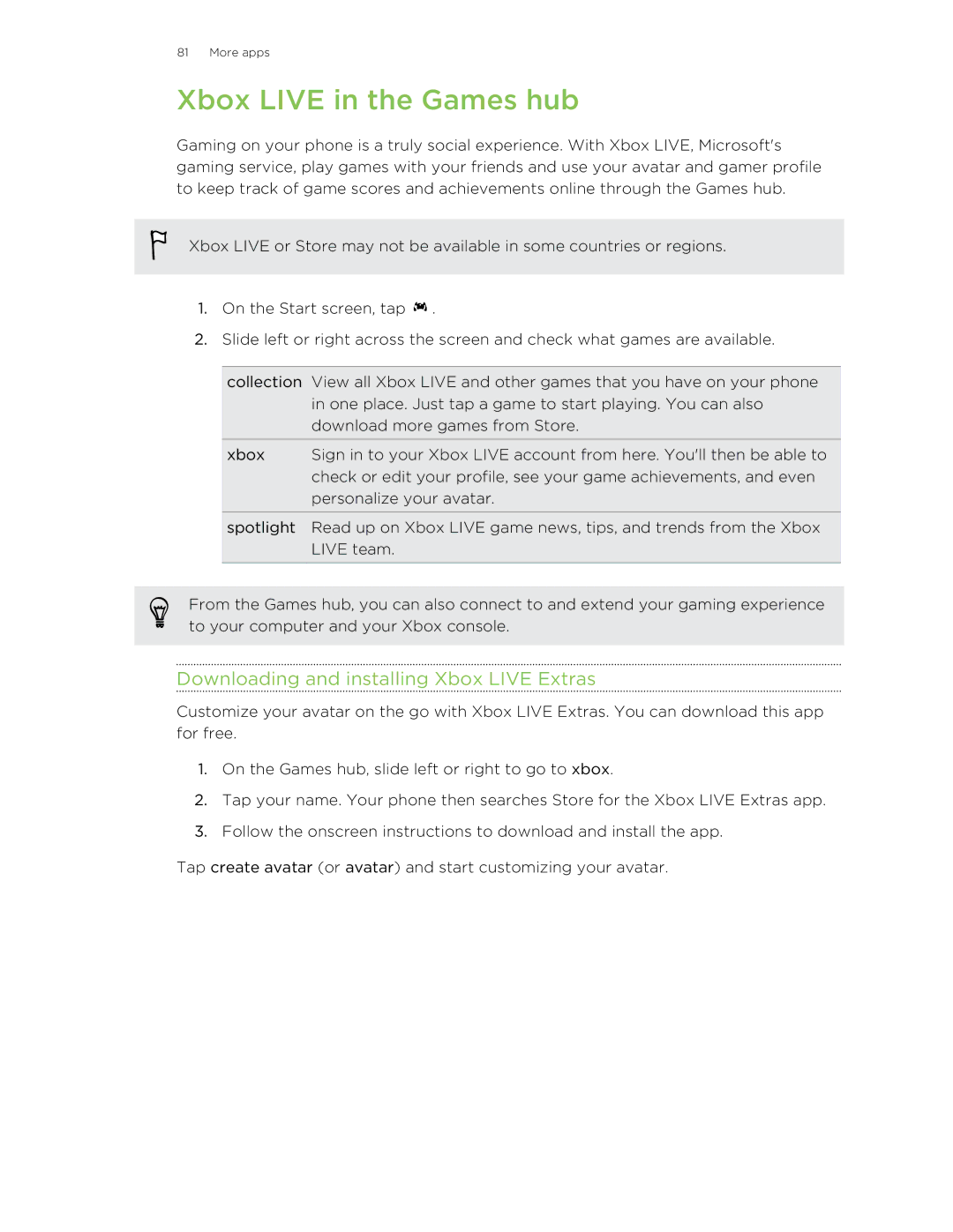 HTC 8X manual Xbox Live in the Games hub, Downloading and installing Xbox Live Extras 