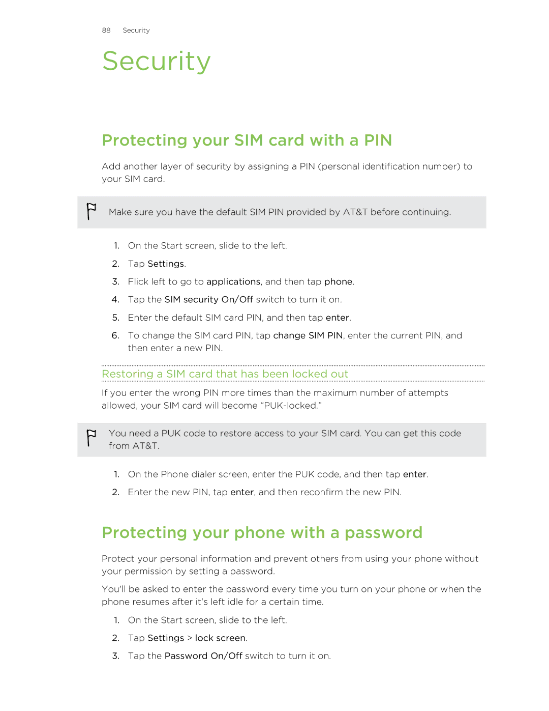 HTC 8X manual Security, Protecting your SIM card with a PIN, Protecting your phone with a password 