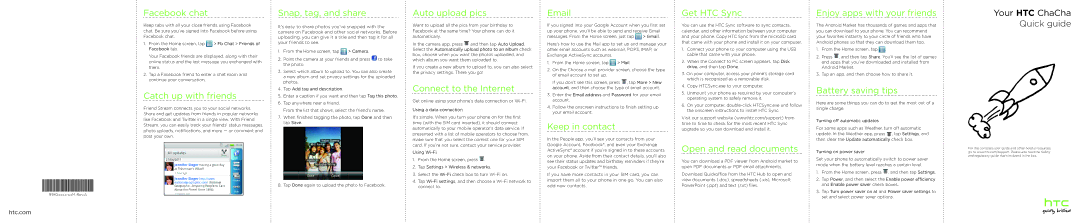 HTC 91H0XXXX-XXM manual Facebook chat, Catch up with friends, Snap, tag, and share, Auto upload pics, Keep in contact 