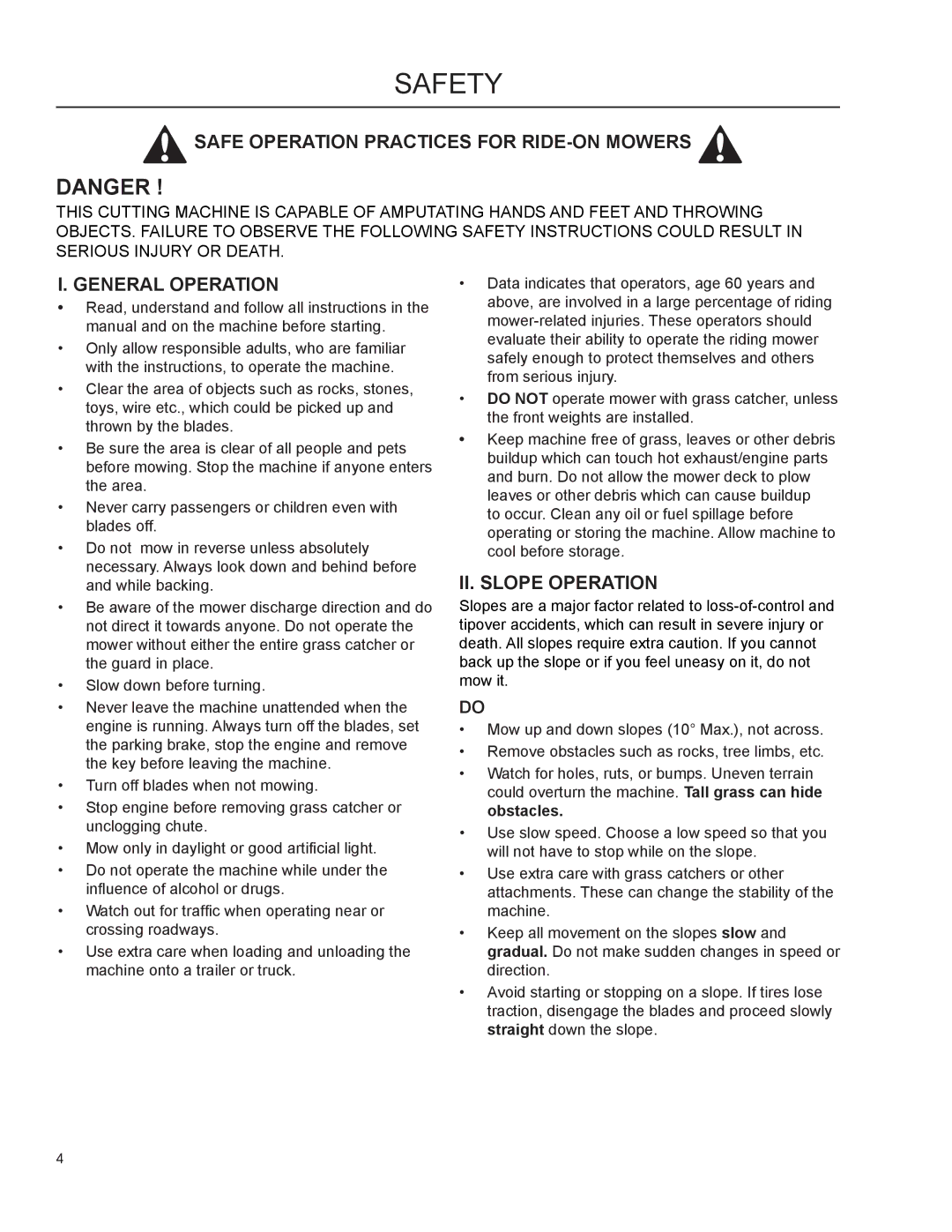 HTC 968 999732 manual Safety, Safe Operation Practices for RIDE-ON Mowers, General Operation, II. Slope Operation 