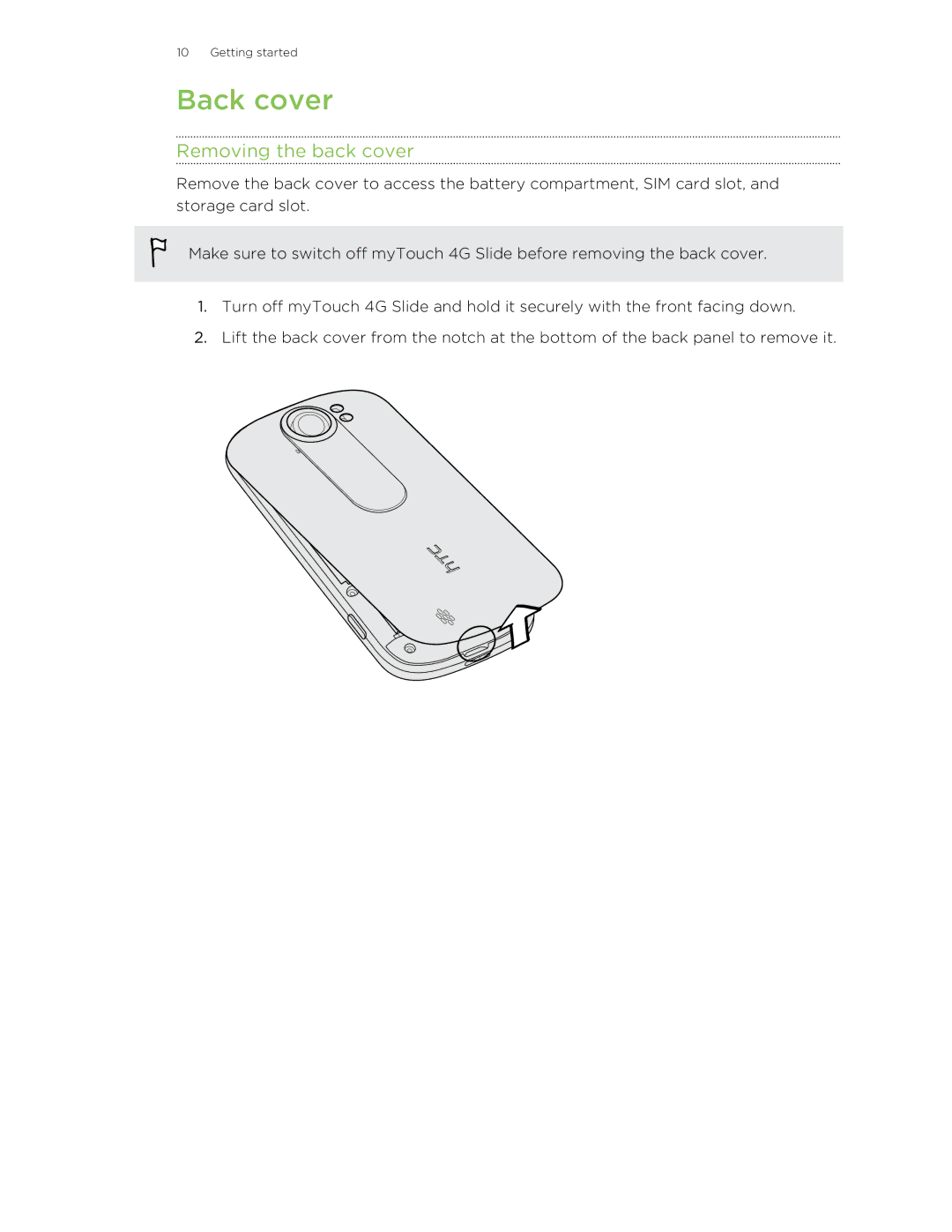 HTC 99HLR00100 manual Back cover, Removing the back cover 