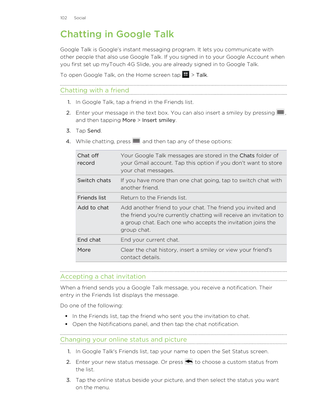 HTC 99HLR00100 manual Chatting in Google Talk, Chatting with a friend, Accepting a chat invitation 