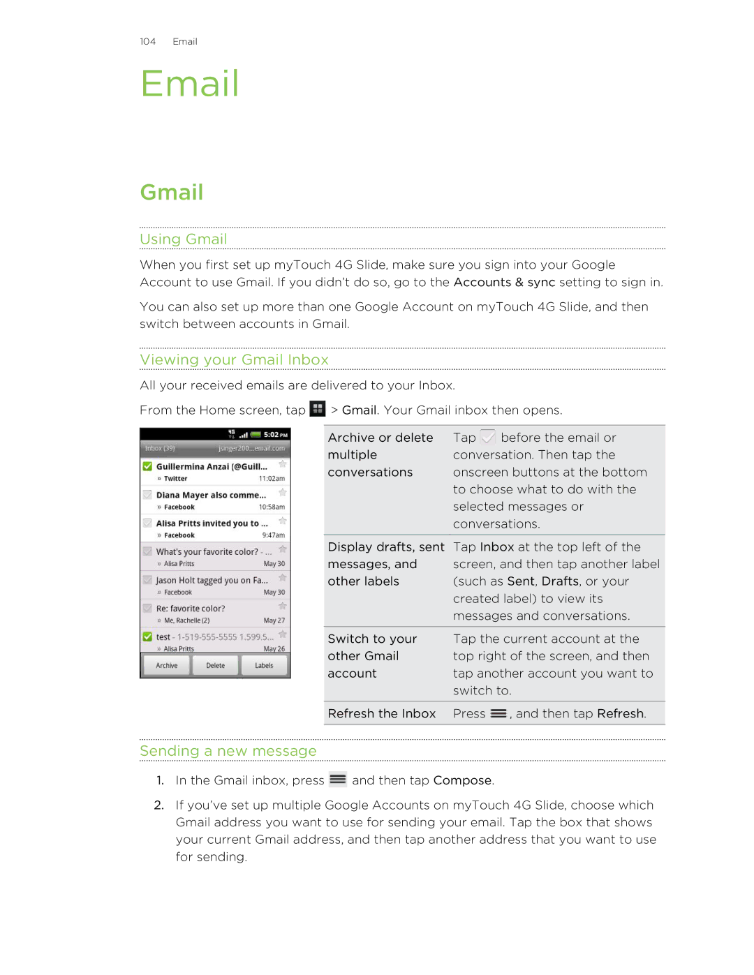 HTC 99HLR00100 manual Using Gmail, Viewing your Gmail Inbox, Sending a new message 