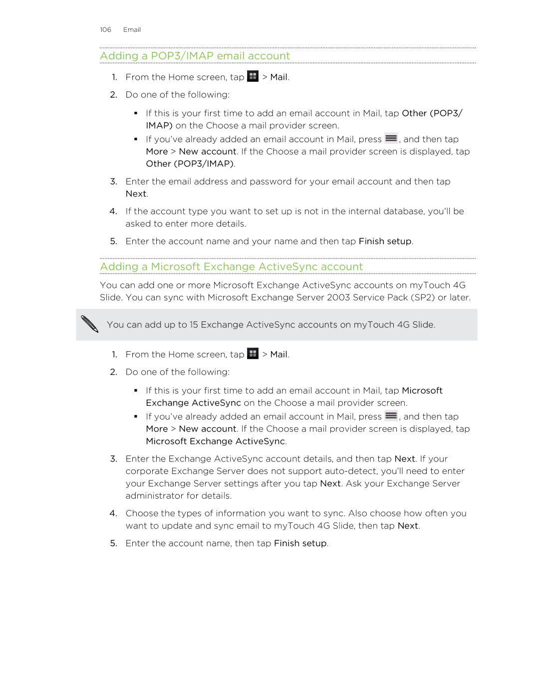 HTC 99HLR00100 manual Adding a POP3/IMAP email account, Adding a Microsoft Exchange ActiveSync account 