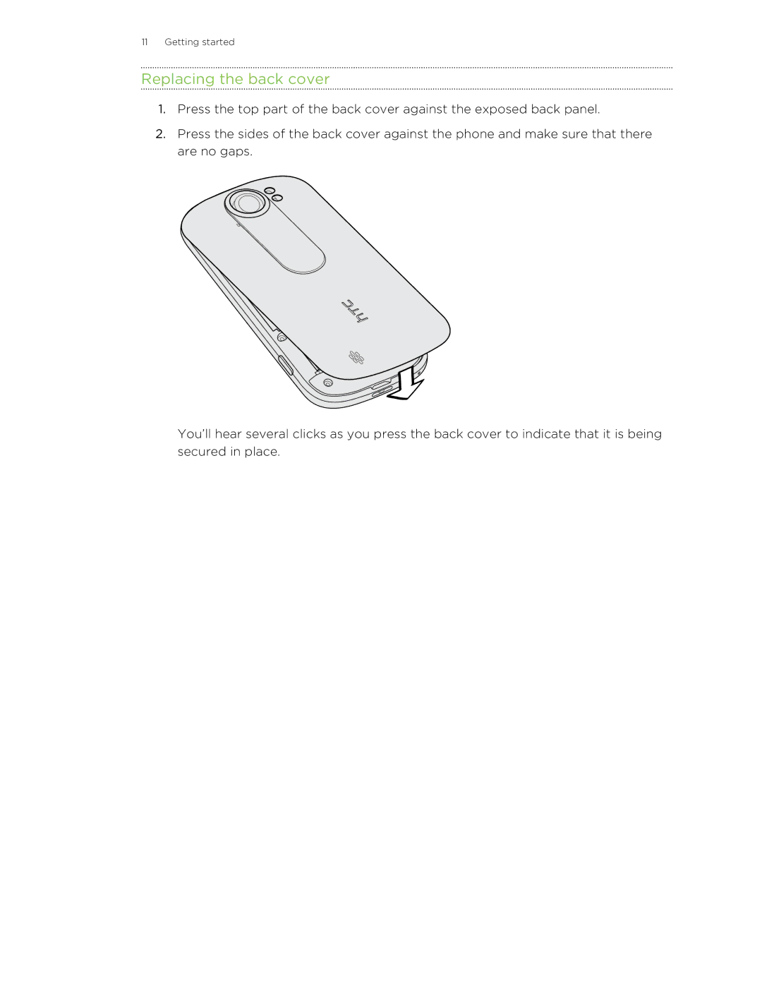 HTC 99HLR00100 manual Replacing the back cover 