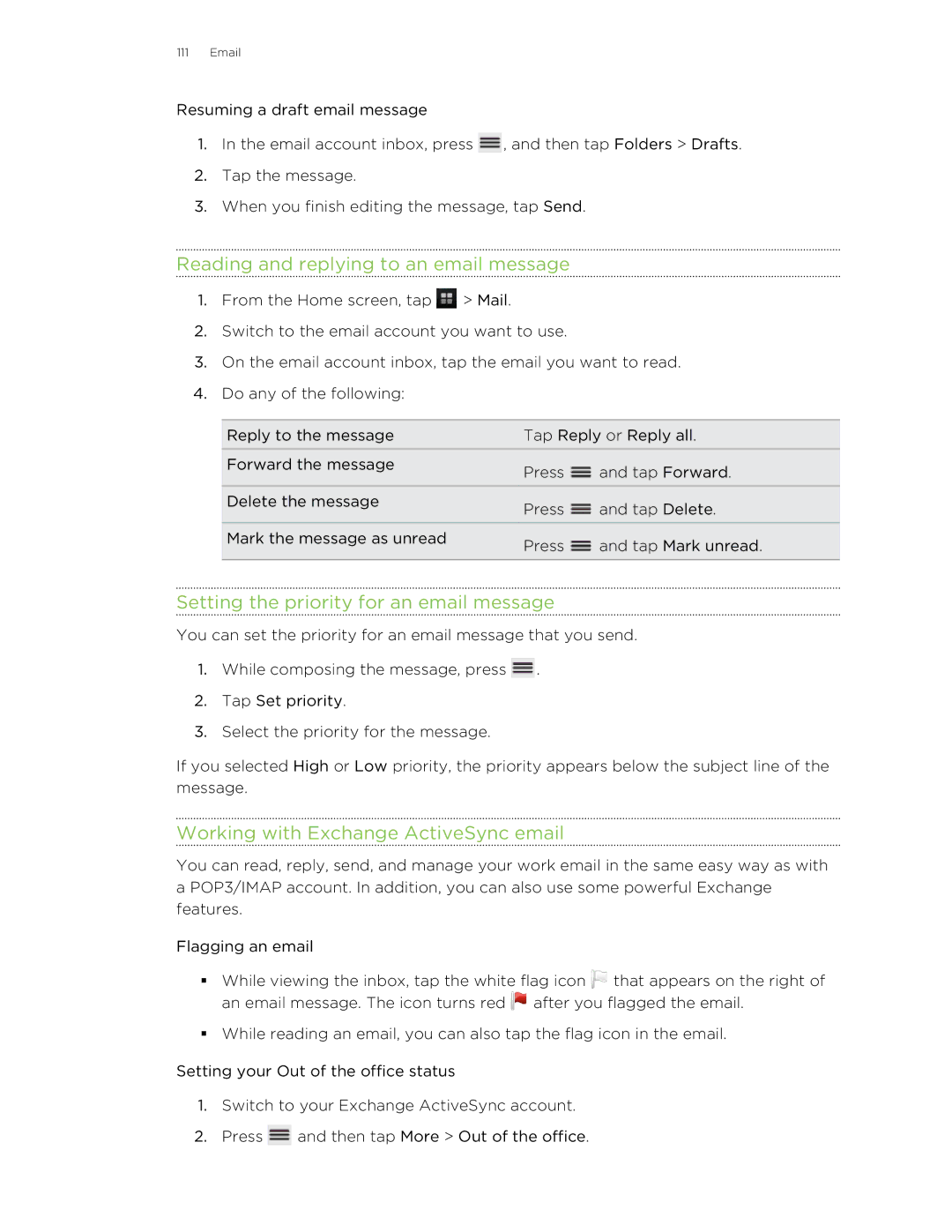 HTC 99HLR00100 manual Reading and replying to an email message, Setting the priority for an email message 