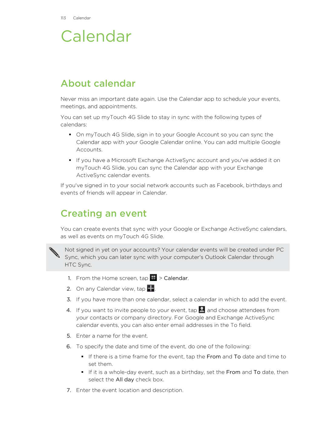 HTC 99HLR00100 manual Calendar, About calendar, Creating an event 