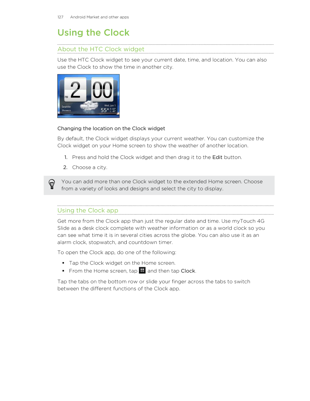 HTC 99HLR00100 manual About the HTC Clock widget, Using the Clock app 