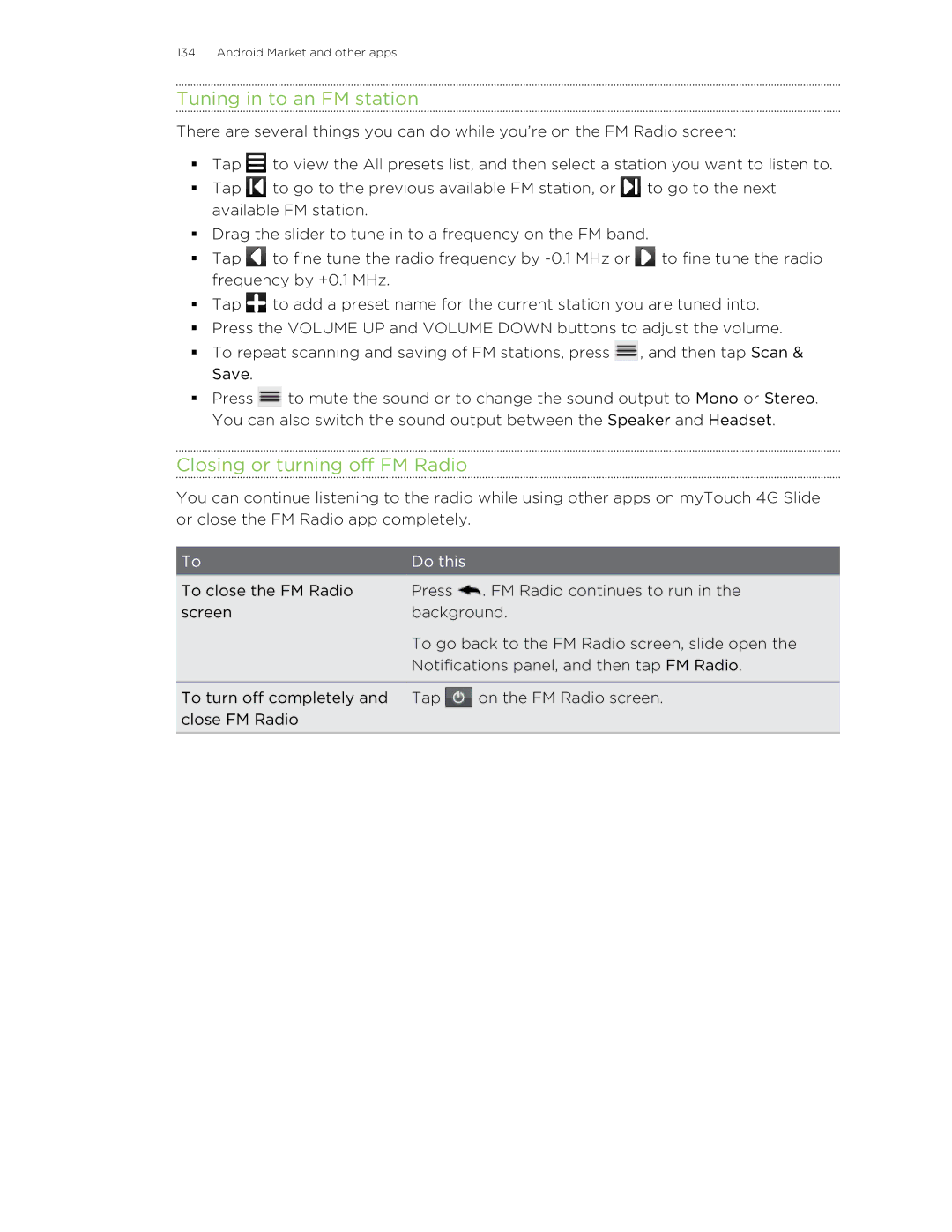 HTC 99HLR00100 manual Tuning in to an FM station, Closing or turning off FM Radio 