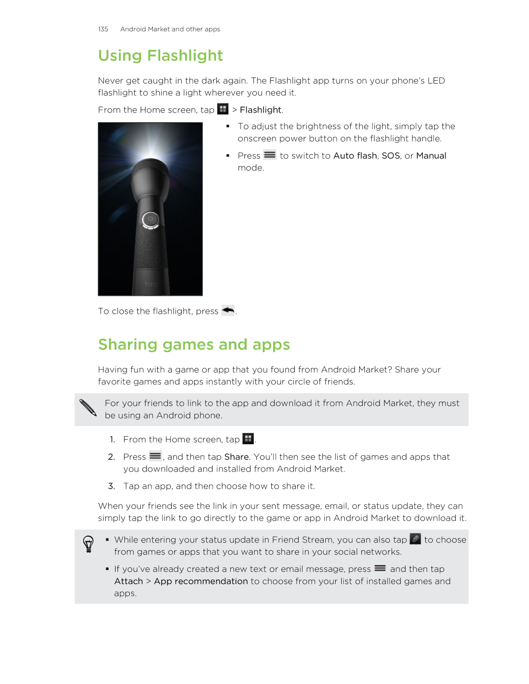 HTC 99HLR00100 manual Using Flashlight, Sharing games and apps 