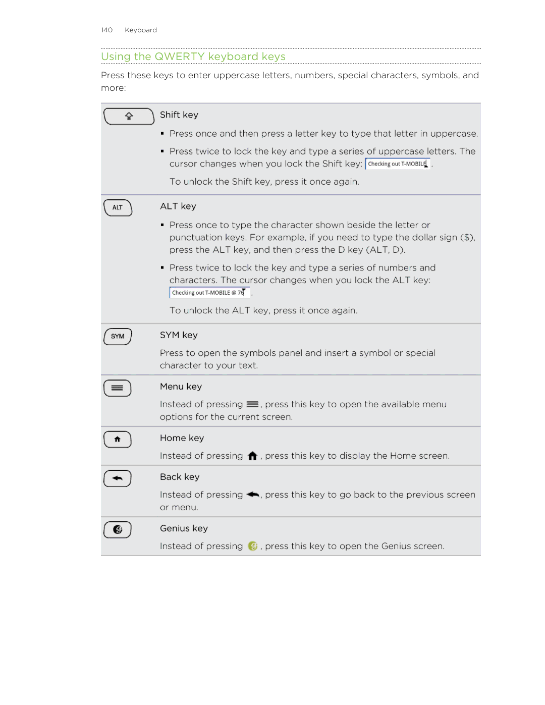 HTC 99HLR00100 manual Using the Qwerty keyboard keys 