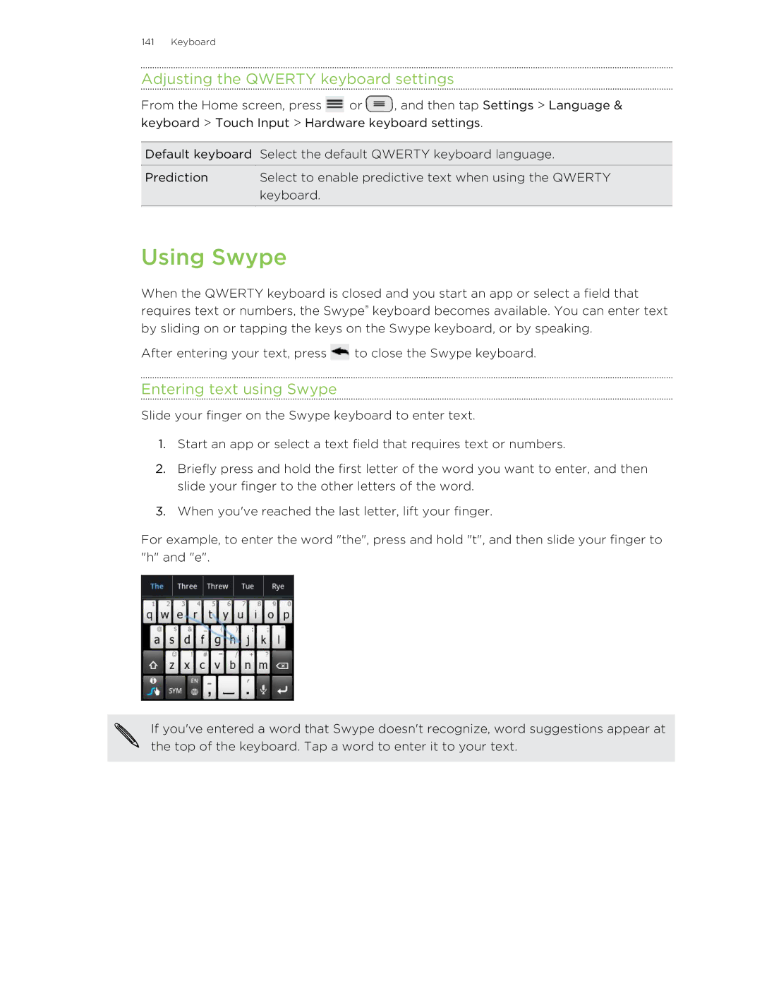 HTC 99HLR00100 manual Using Swype, Adjusting the Qwerty keyboard settings, Entering text using Swype 