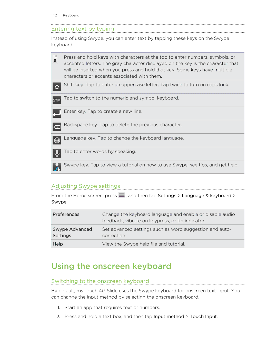 HTC 99HLR00100 manual Using the onscreen keyboard, Entering text by typing, Adjusting Swype settings 