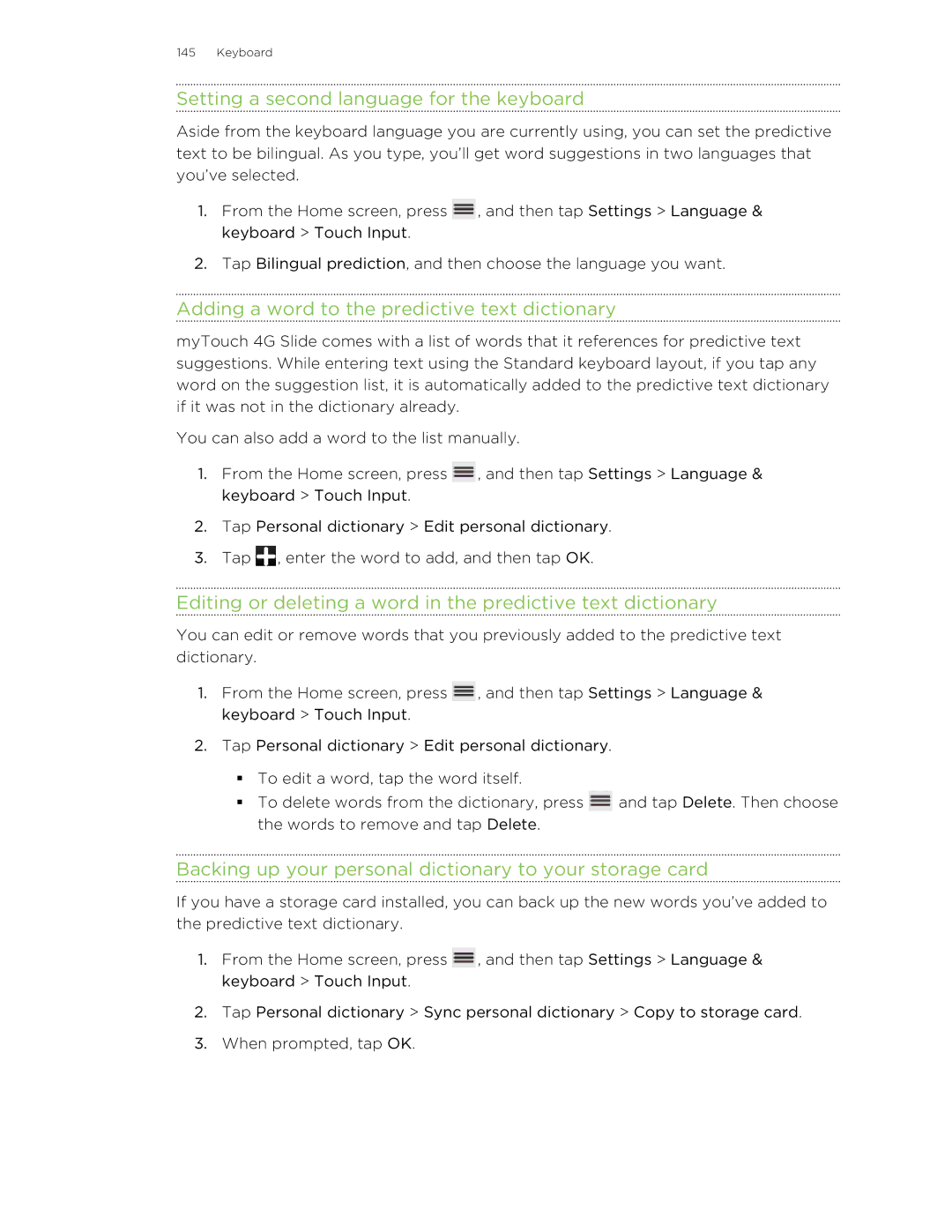 HTC 99HLR00100 manual Setting a second language for the keyboard, Adding a word to the predictive text dictionary 