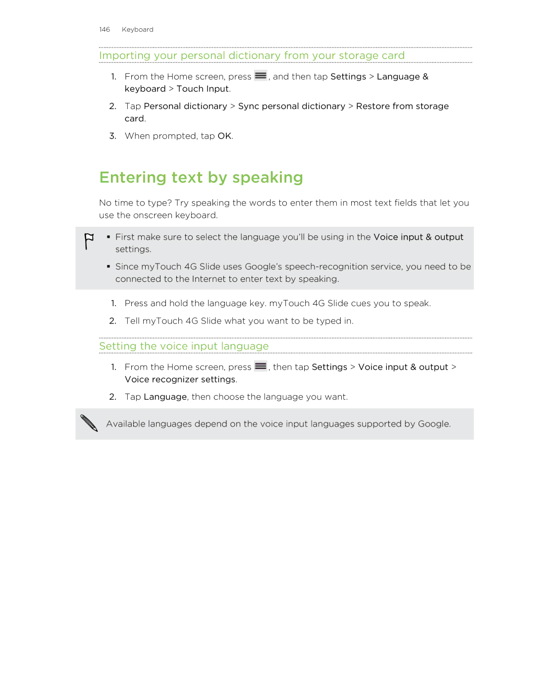 HTC 99HLR00100 manual Entering text by speaking, Importing your personal dictionary from your storage card 