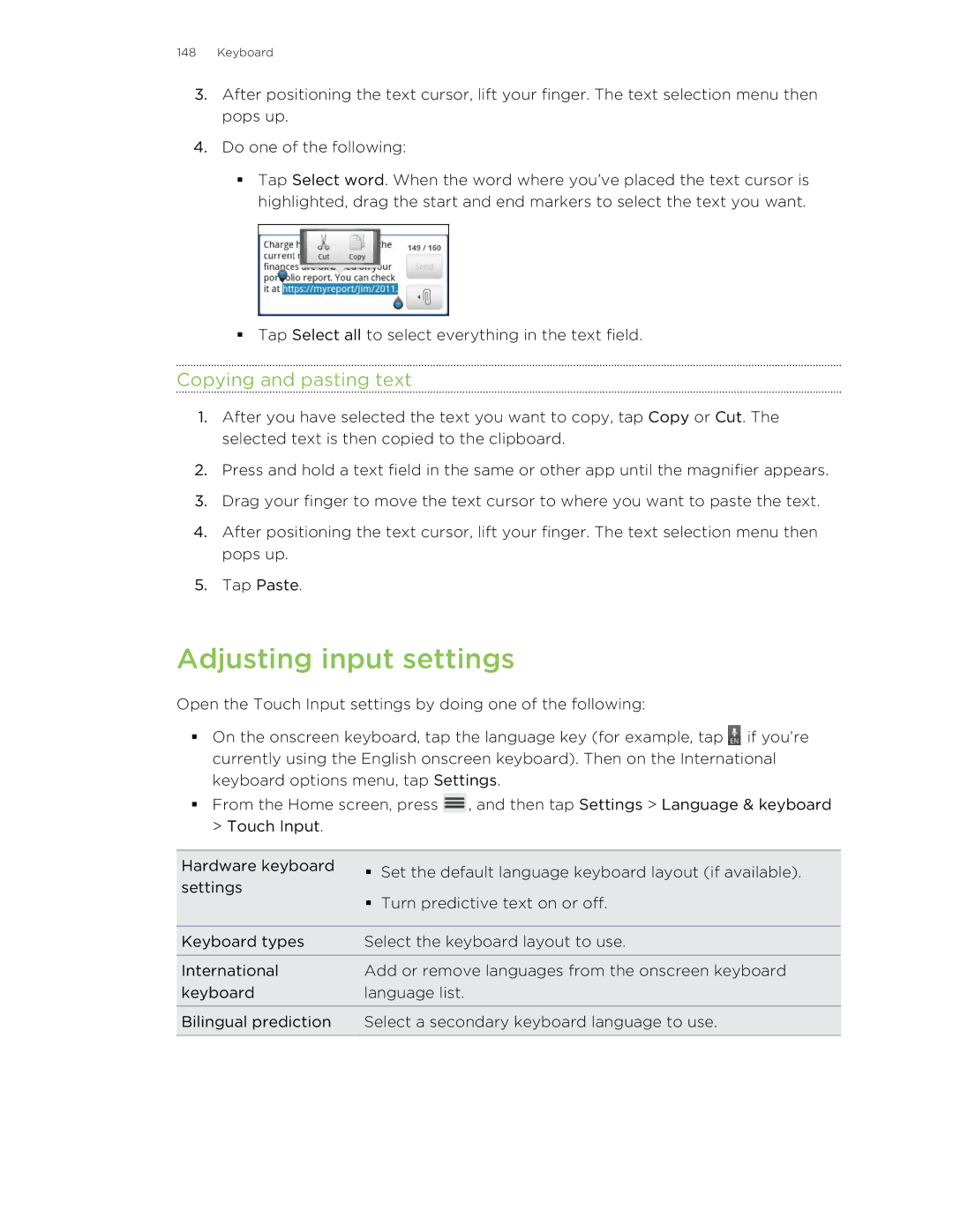 HTC 99HLR00100 manual Adjusting input settings, Copying and pasting text 