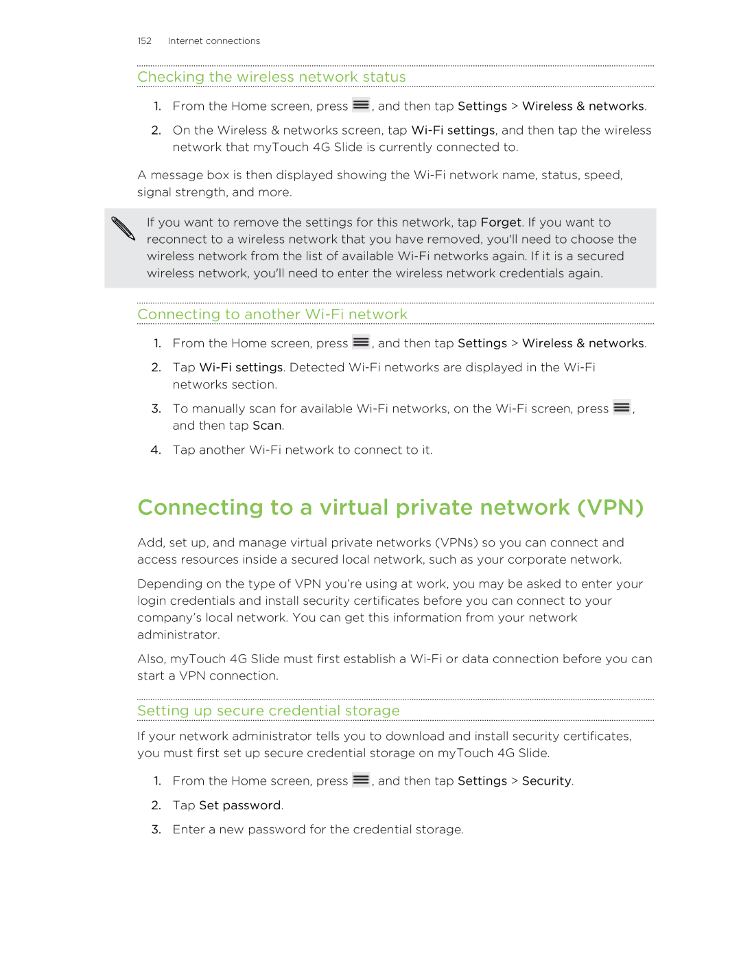 HTC 99HLR00100 manual Connecting to a virtual private network VPN, Checking the wireless network status 