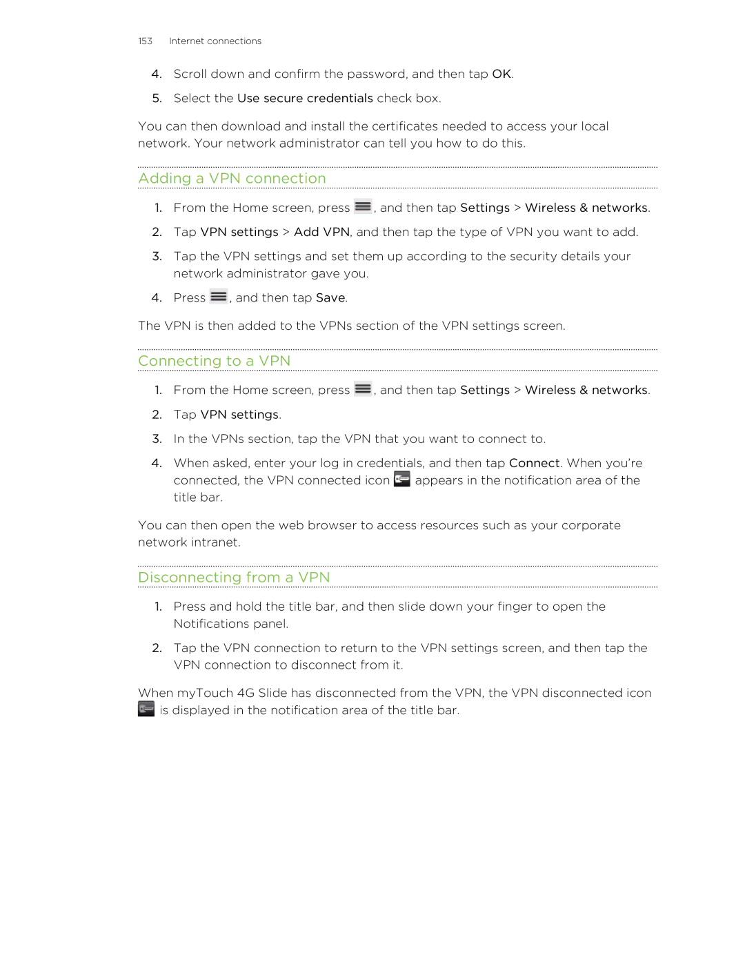 HTC 99HLR00100 manual Adding a VPN connection, Connecting to a VPN, Disconnecting from a VPN 