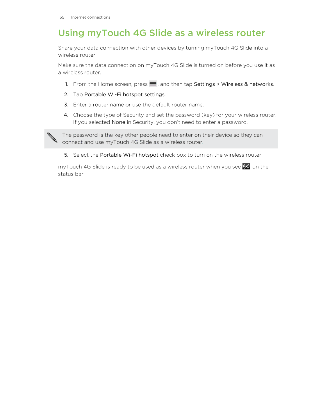 HTC 99HLR00100 manual Using myTouch 4G Slide as a wireless router 