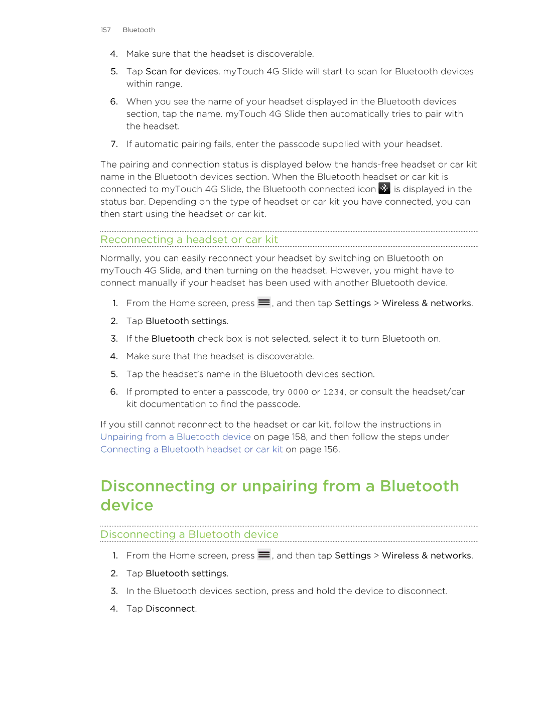 HTC 99HLR00100 manual Disconnecting or unpairing from a Bluetooth device, Reconnecting a headset or car kit 