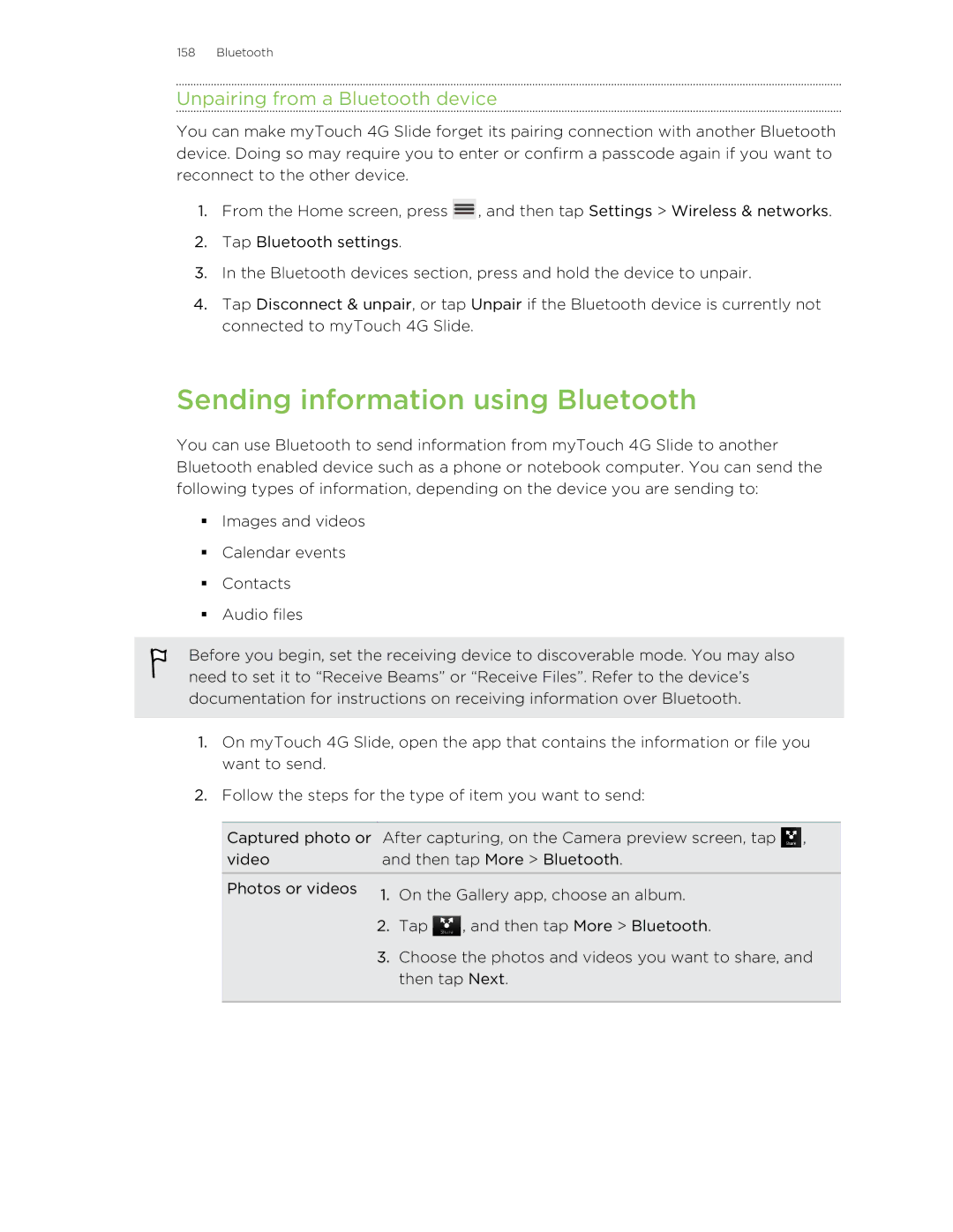 HTC 99HLR00100 manual Sending information using Bluetooth, Unpairing from a Bluetooth device 