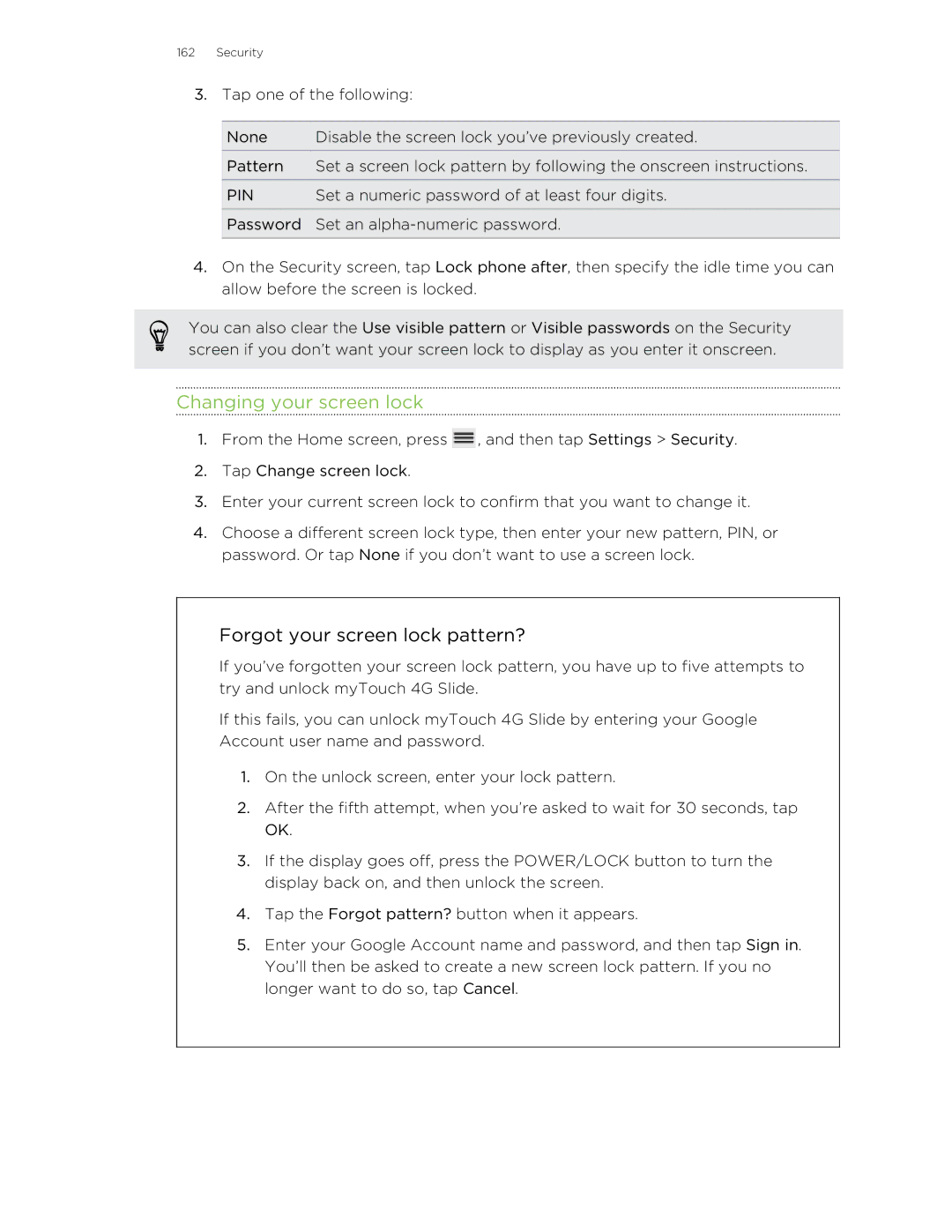 HTC 99HLR00100 manual Changing your screen lock, Pin 