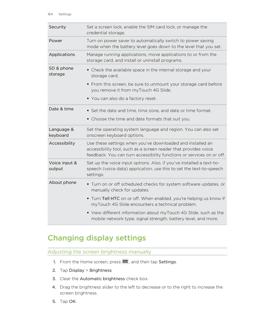 HTC 99HLR00100 Changing display settings, Adjusting the screen brightness manually 