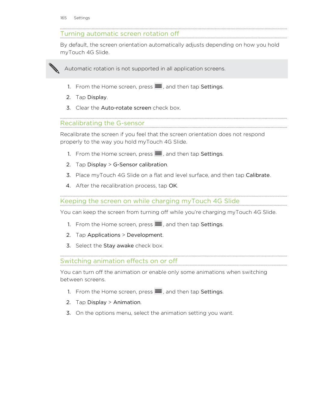 HTC 99HLR00100 Turning automatic screen rotation off, Recalibrating the G-sensor, Switching animation effects on or off 