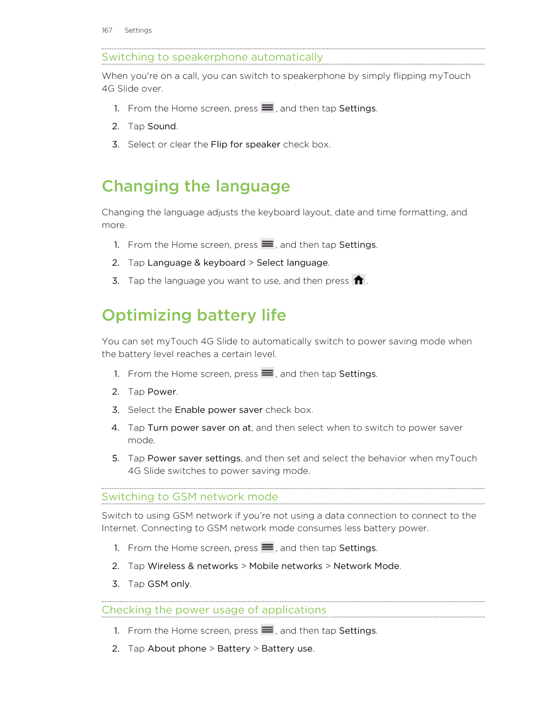 HTC 99HLR00100 manual Changing the language, Optimizing battery life, Switching to speakerphone automatically 