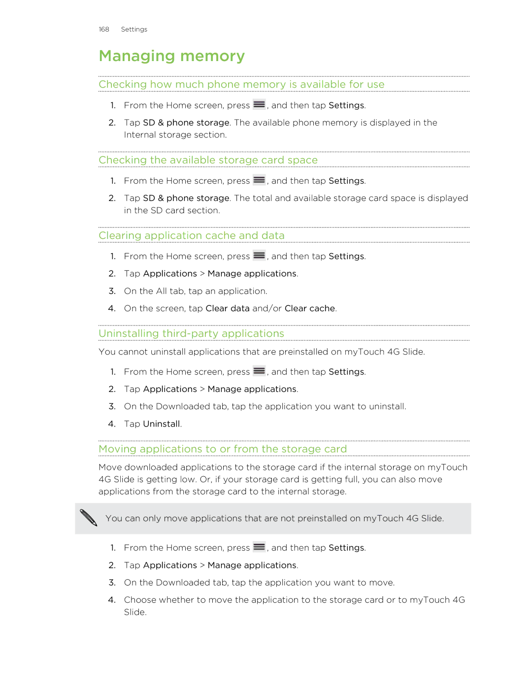 HTC 99HLR00100 manual Managing memory 