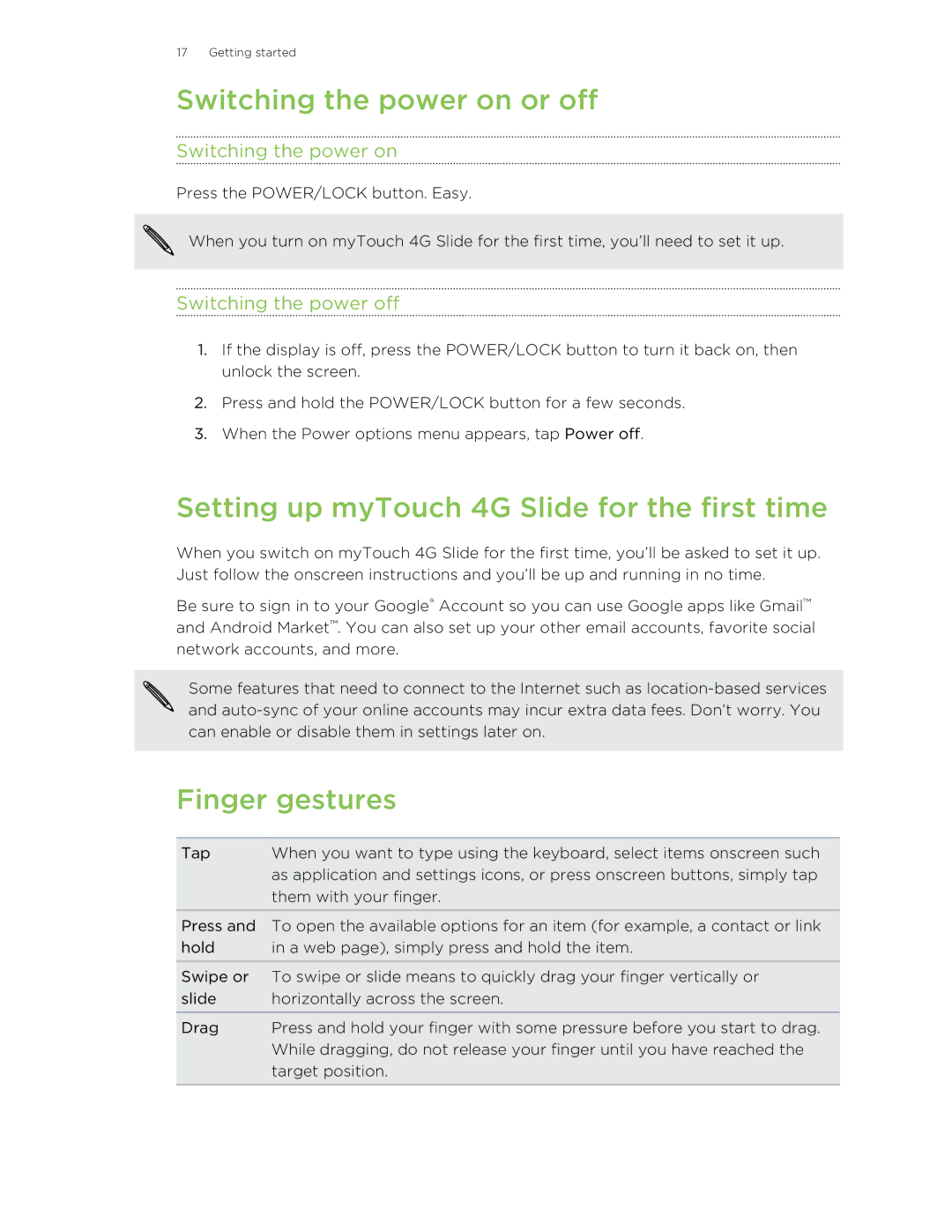 HTC 99HLR00100 manual Switching the power on or off, Setting up myTouch 4G Slide for the first time, Finger gestures 