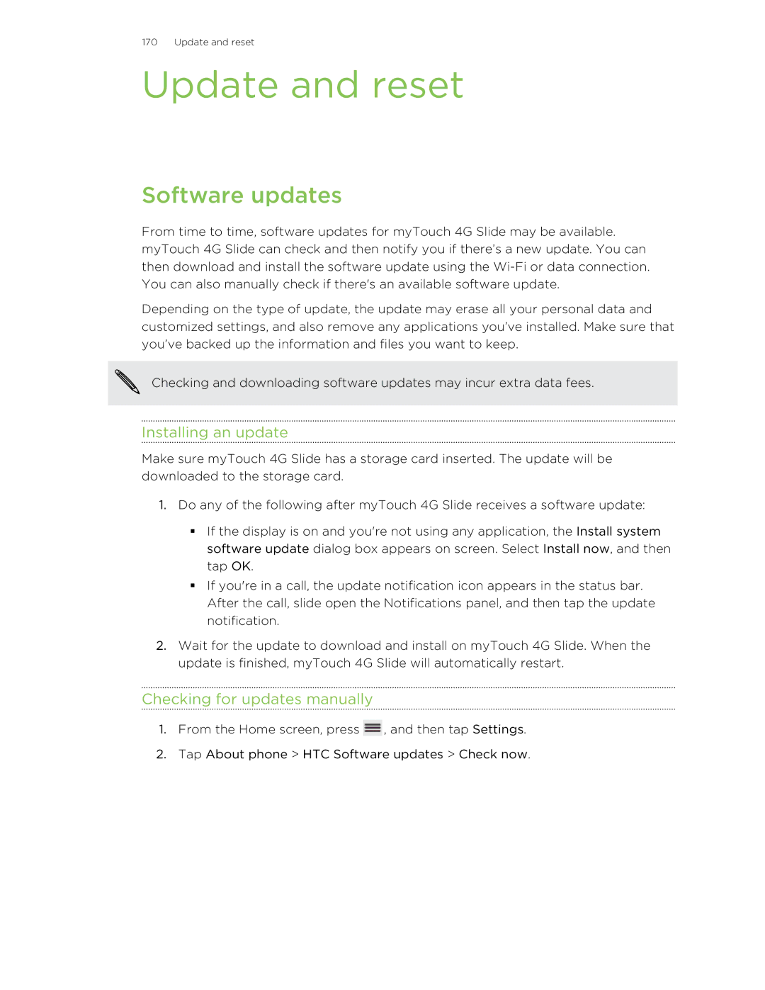 HTC 99HLR00100 Update and reset, Software updates, Installing an update, Checking for updates manually 