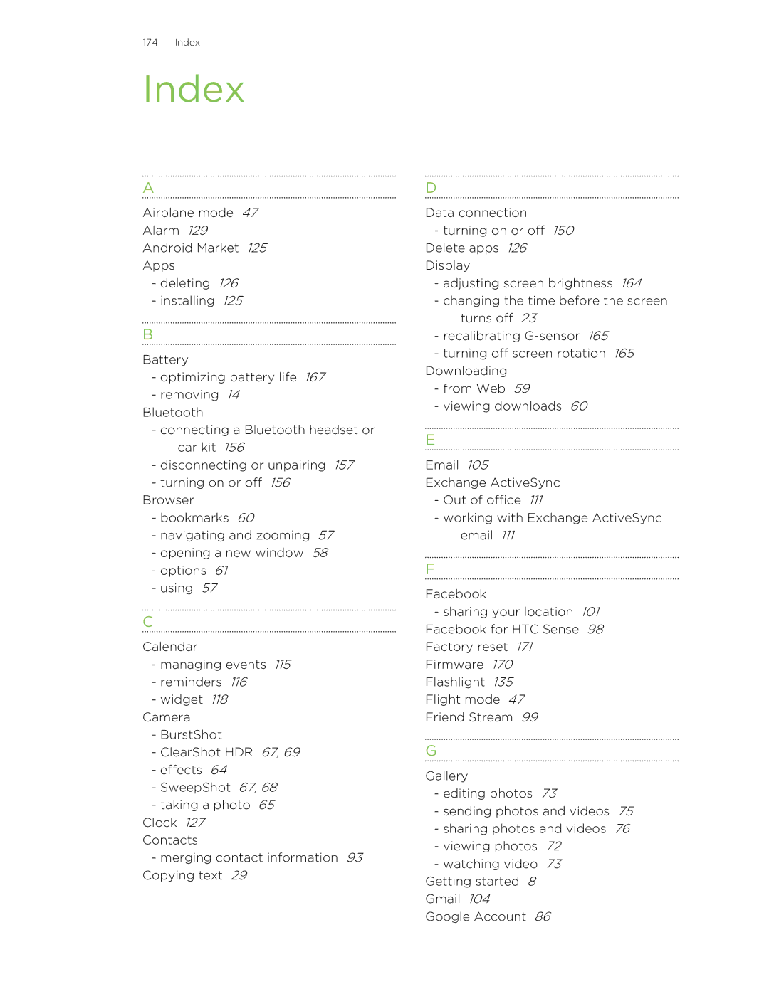 HTC 99HLR00100 manual Index 