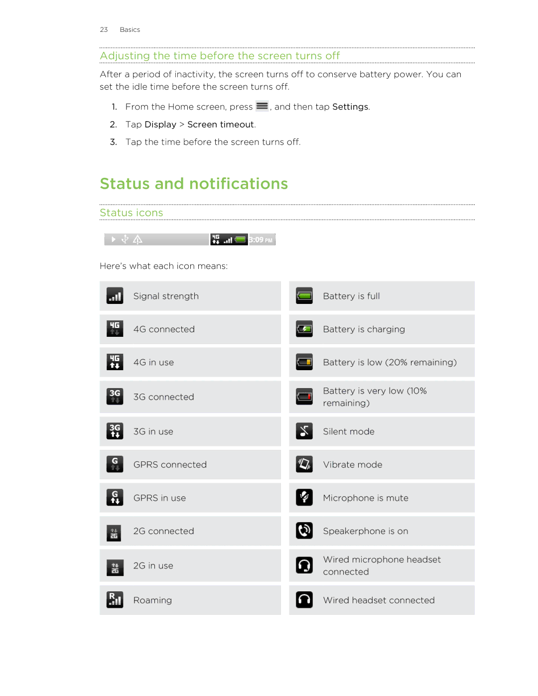 HTC 99HLR00100 manual Status and notifications, Adjusting the time before the screen turns off, Status icons 