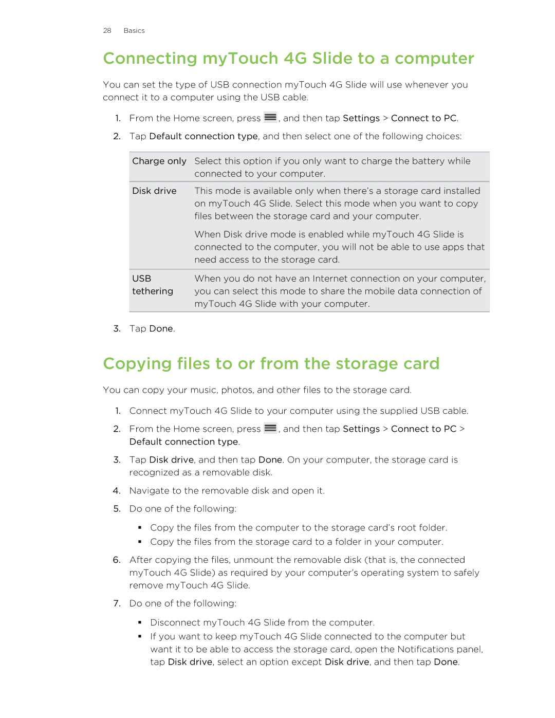 HTC 99HLR00100 manual Connecting myTouch 4G Slide to a computer, Copying files to or from the storage card 