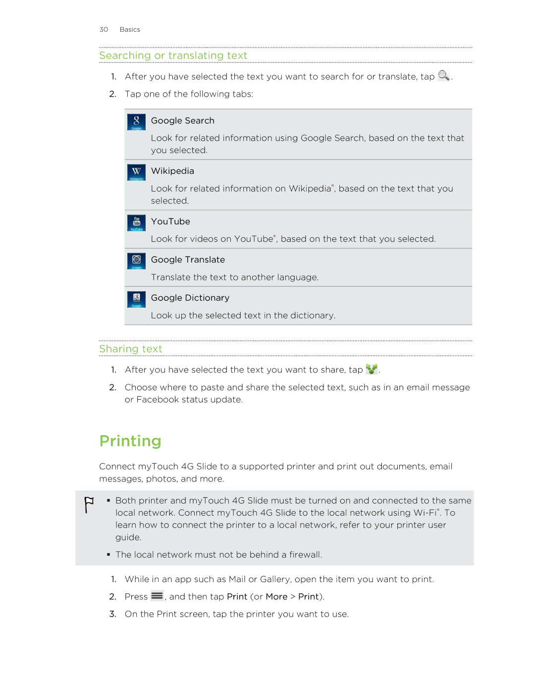 HTC 99HLR00100 manual Printing, Searching or translating text, Sharing text 