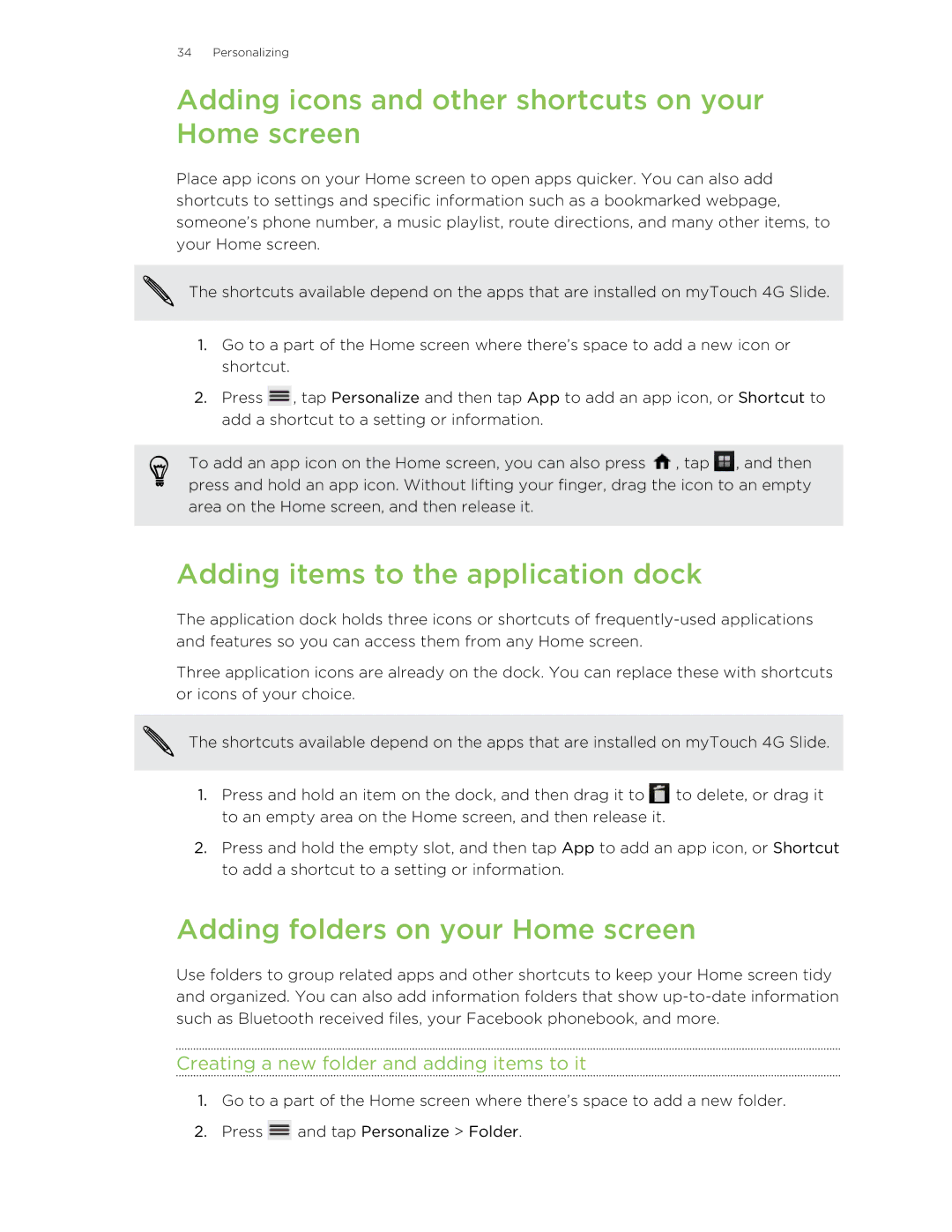 HTC 99HLR00100 manual Adding icons and other shortcuts on your Home screen, Adding items to the application dock 