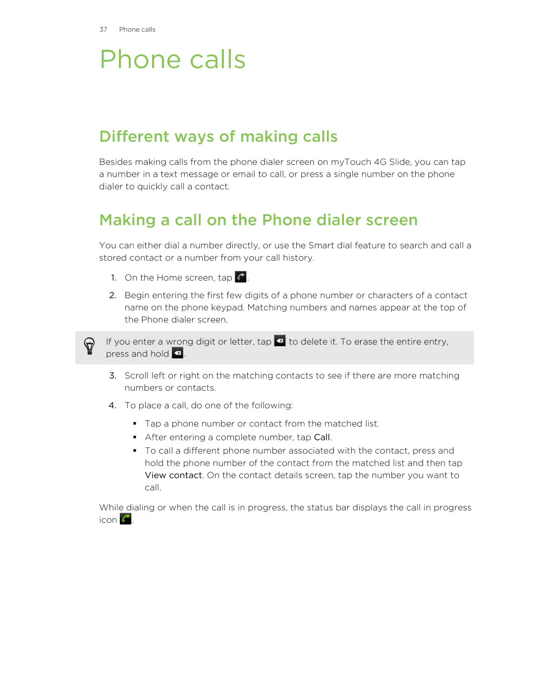 HTC 99HLR00100 manual Phone calls, Different ways of making calls, Making a call on the Phone dialer screen 