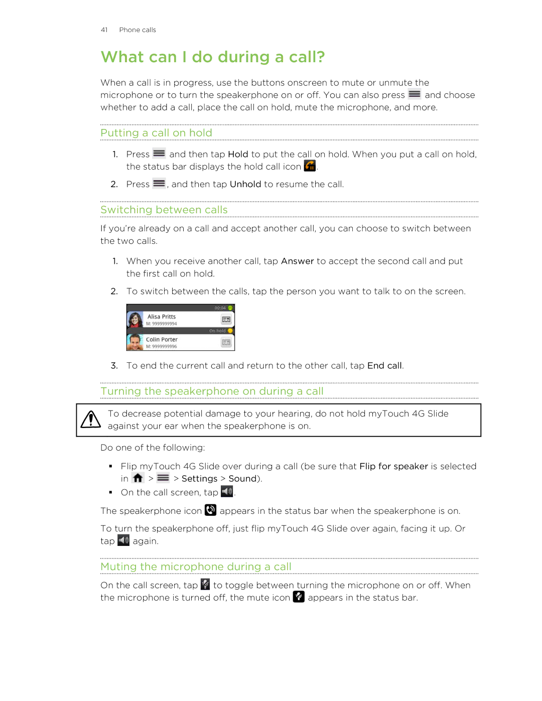 HTC 99HLR00100 manual What can I do during a call?, Putting a call on hold, Switching between calls 