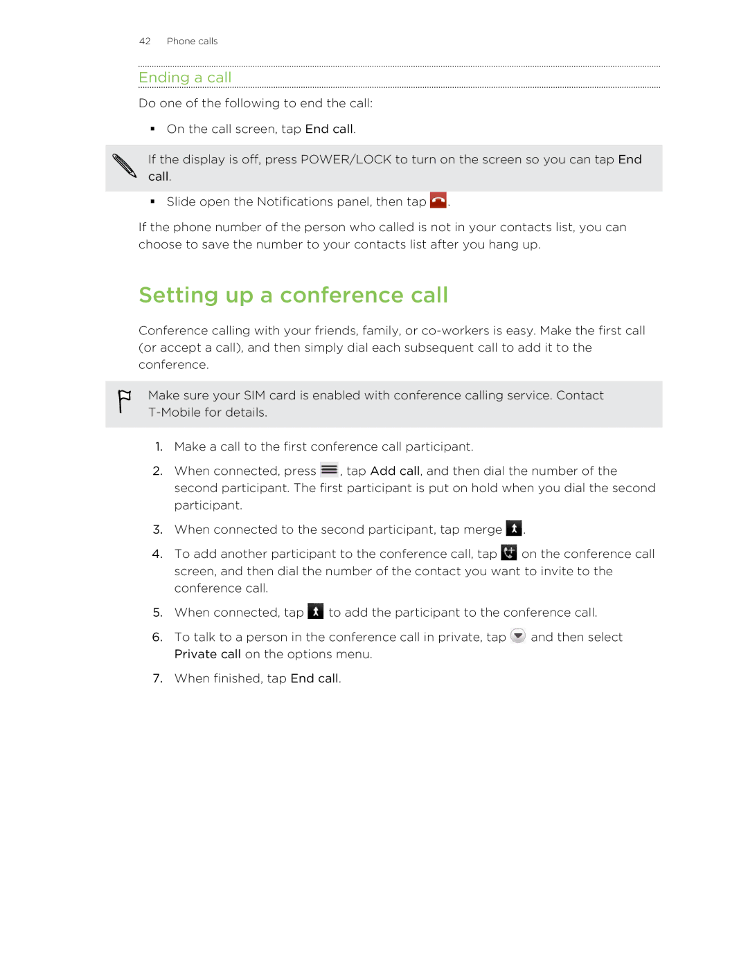 HTC 99HLR00100 manual Setting up a conference call, Ending a call 