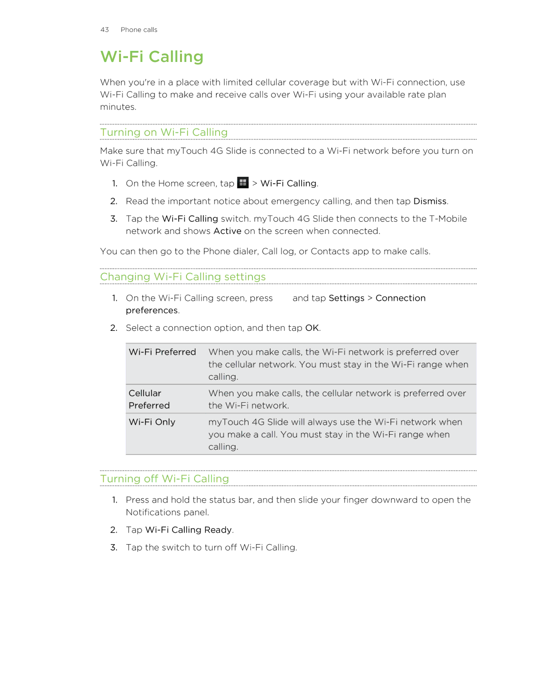 HTC 99HLR00100 manual Turning on Wi-Fi Calling, Changing Wi-Fi Calling settings, Turning off Wi-Fi Calling 